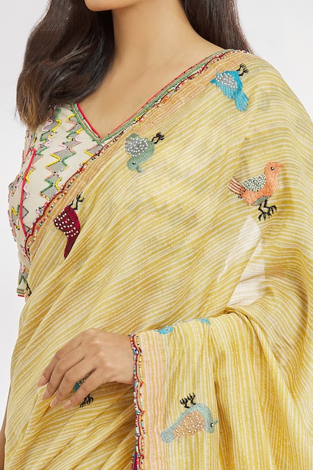 Paksh_Yellow Printed Striped And Embroidered Saree  _at_Aza_Fashions