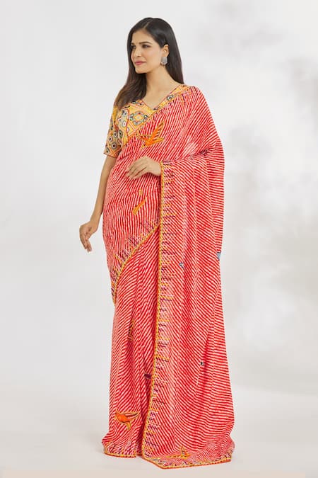 Paksh_Red Cotton Printed Striped V Neck Saree With Blouse  _Online_at_Aza_Fashions