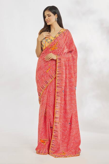 Buy_Paksh_Red Cotton Printed Striped V Neck Saree With Blouse  _Online_at_Aza_Fashions