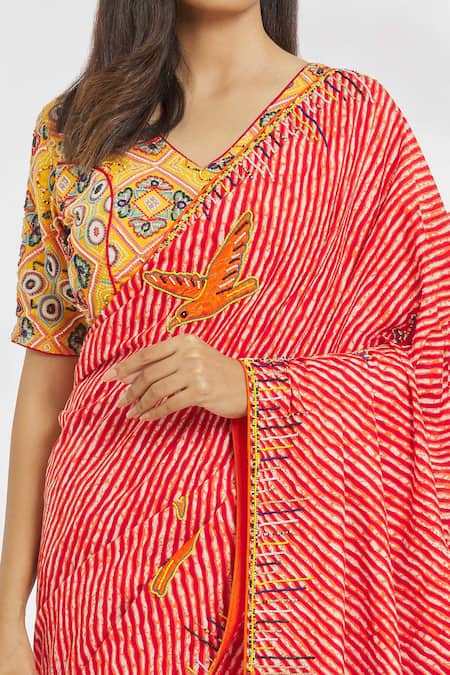 Shop_Paksh_Red Cotton Printed Striped V Neck Saree With Blouse  _Online_at_Aza_Fashions