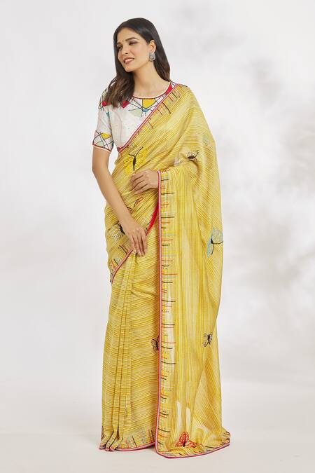 Paksh_Yellow Chanderi Silk Printed Striped Round Hand Embroidered Saree Set _Online_at_Aza_Fashions