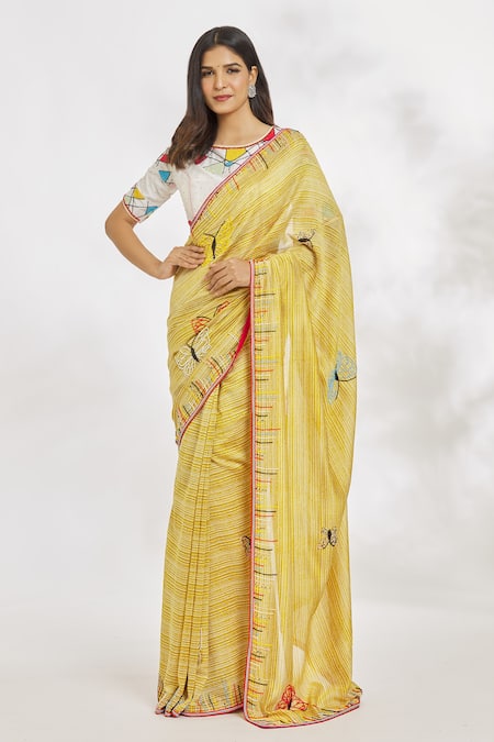 Buy_Paksh_Yellow Chanderi Silk Printed Striped Round Hand Embroidered Saree Set _Online_at_Aza_Fashions