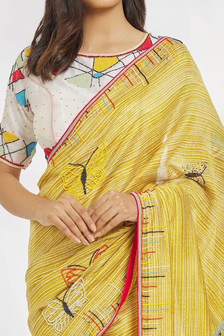 Shop_Paksh_Yellow Chanderi Silk Printed Striped Round Hand Embroidered Saree Set _Online_at_Aza_Fashions
