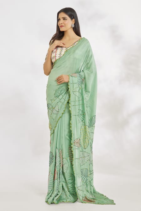 Shop_Paksh_Green Hand Embroidered Beads Saree  _Online_at_Aza_Fashions