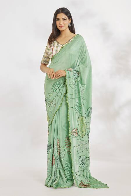 Paksh_Green Hand Embroidered Beads Saree  _at_Aza_Fashions