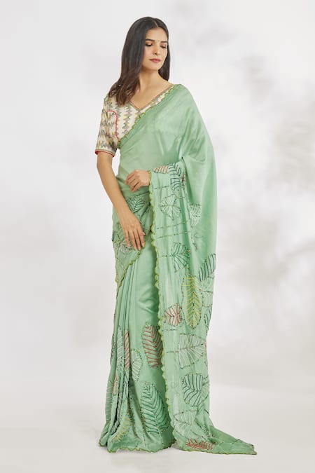 Paksh_Green Hand Embroidered Beads Saree  _Online_at_Aza_Fashions