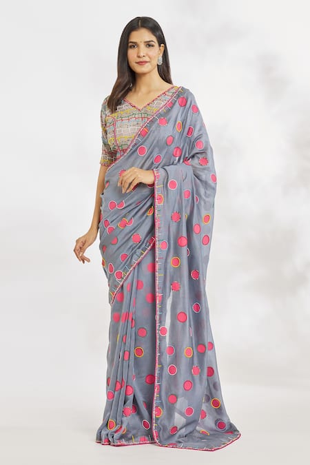 Buy_Paksh_Grey Printed Polka Dots V Neck Dotted Saree With Blouse  _Online_at_Aza_Fashions