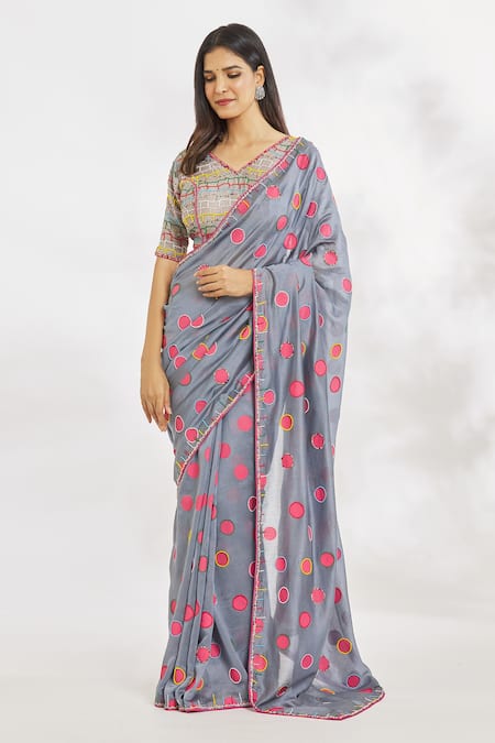 Shop_Paksh_Grey Printed Polka Dots V Neck Dotted Saree With Blouse  _Online_at_Aza_Fashions