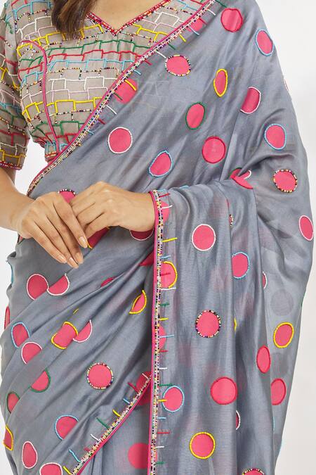 Paksh_Grey Printed Polka Dots V Neck Dotted Saree With Blouse  _at_Aza_Fashions