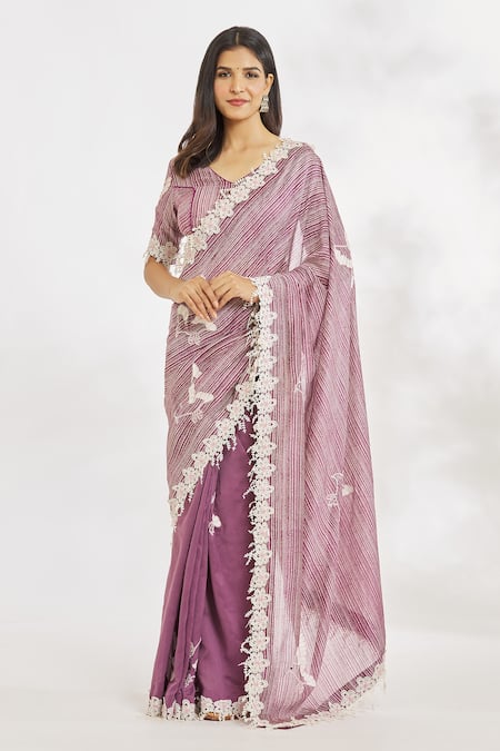Buy_Paksh_Purple Chanderi Silk Printed And Hand Embroidered Saree With Blouse  