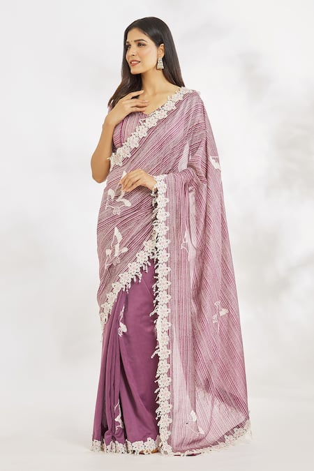 Paksh_Purple Chanderi Silk Printed And Hand Embroidered Saree With Blouse  _Online_at_Aza_Fashions