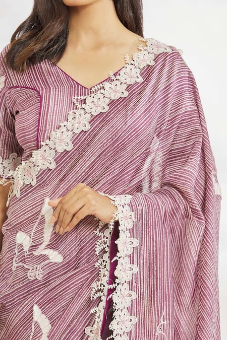 Buy_Paksh_Purple Chanderi Silk Printed And Hand Embroidered Saree With Blouse  _Online_at_Aza_Fashions