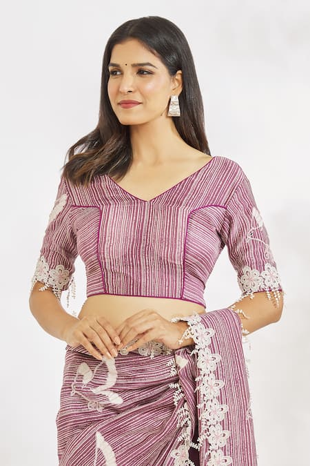 Shop_Paksh_Purple Chanderi Silk Printed And Hand Embroidered Saree With Blouse  _Online_at_Aza_Fashions