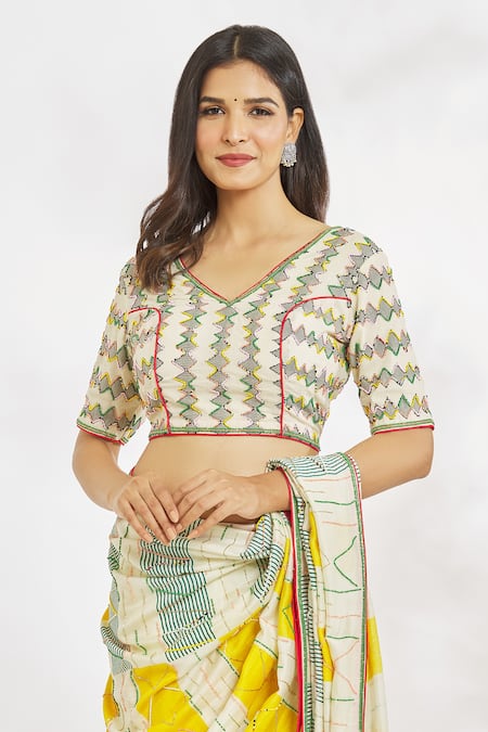 Buy_Paksh_Off White Saree  Chanderi Hand Embroidered Cutdana V Neck With Blouse  