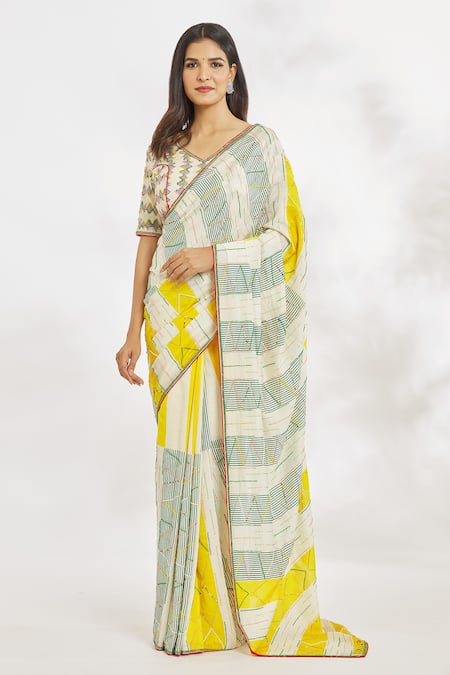 Paksh_Off White Saree  Chanderi Hand Embroidered Cutdana V Neck With Blouse  _Online_at_Aza_Fashions