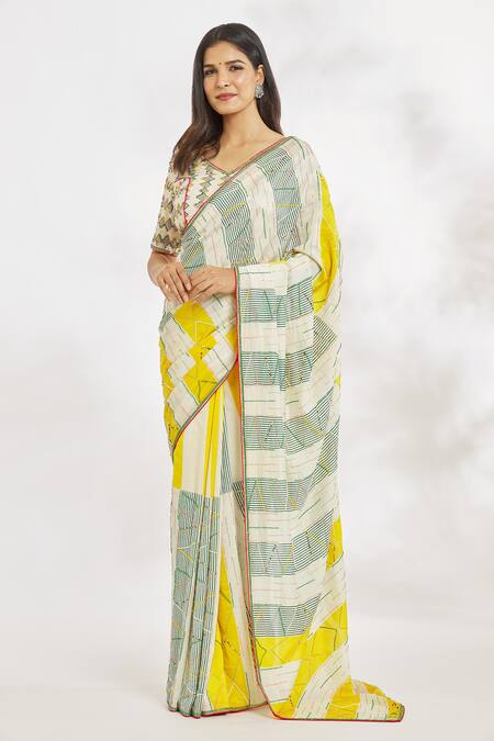 Buy_Paksh_Off White Saree  Chanderi Hand Embroidered Cutdana V Neck With Blouse  _Online_at_Aza_Fashions