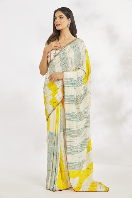Shop_Paksh_Off White Saree  Chanderi Hand Embroidered Cutdana V Neck With Blouse  _Online_at_Aza_Fashions