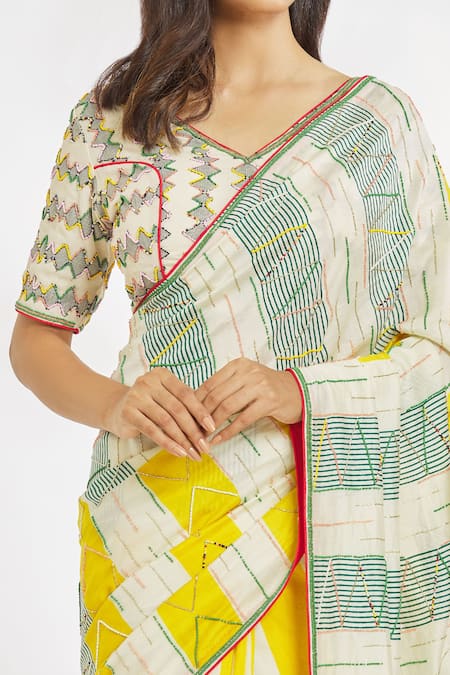 Paksh_Off White Saree  Chanderi Hand Embroidered Cutdana V Neck With Blouse  _at_Aza_Fashions