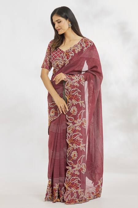 Buy_Paksh_Maroon Chanderi Printed Striped V Neck Saree With Blouse  _Online_at_Aza_Fashions