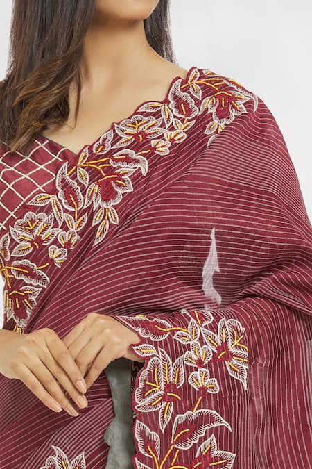 Shop_Paksh_Maroon Chanderi Printed Striped V Neck Saree With Blouse  _Online_at_Aza_Fashions