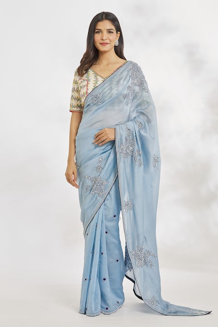 Paksh_Blue Hand Embroidered Beads Chanderi Saree  _Online_at_Aza_Fashions
