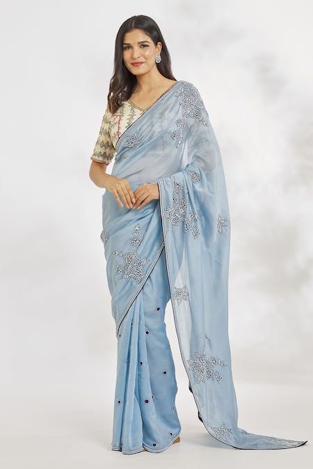 Buy_Paksh_Blue Hand Embroidered Beads Chanderi Saree  _Online_at_Aza_Fashions