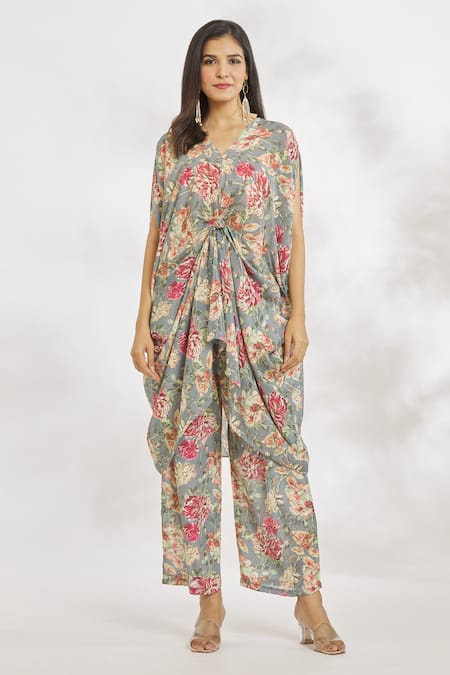 Paksh_Grey Chiffon Embroidery V-neck Floral Print Knotted Top And Pant Set _Online_at_Aza_Fashions