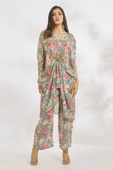 Buy_Paksh_Grey Chiffon Embroidery V-neck Floral Print Knotted Top And Pant Set _Online_at_Aza_Fashions