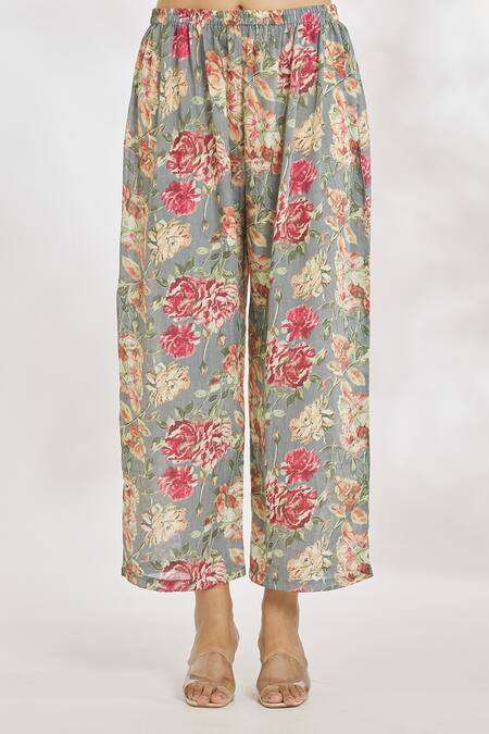 Paksh_Grey Chiffon Embroidery V-neck Floral Print Knotted Top And Pant Set _at_Aza_Fashions