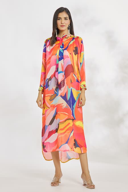 Paksh_Blue Silk Satin Beads Turtle Neck Geometric Print And Embroidered Midi Dress _Online_at_Aza_Fashions