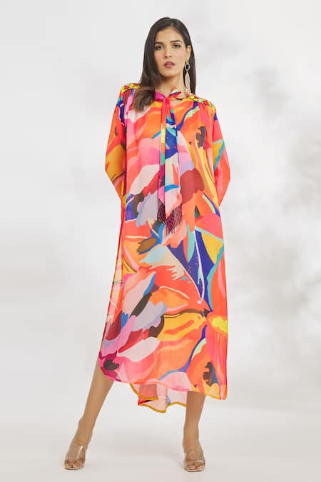 Shop_Paksh_Blue Silk Satin Beads Turtle Neck Geometric Print And Embroidered Midi Dress _Online_at_Aza_Fashions