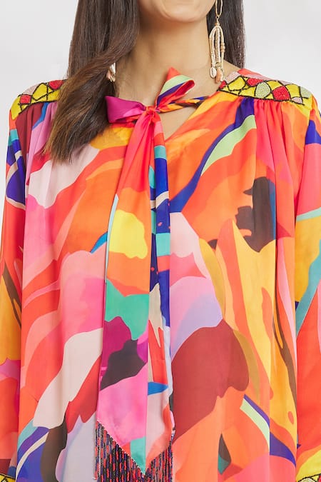 Paksh_Blue Silk Satin Beads Turtle Neck Geometric Print And Embroidered Midi Dress _at_Aza_Fashions