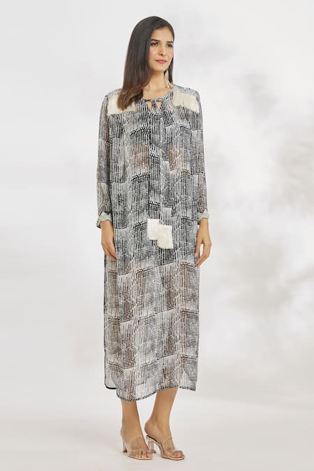 Paksh_Black Georgette Beads, Embroidery Turtle Neck Printed And Midi Dress _Online_at_Aza_Fashions