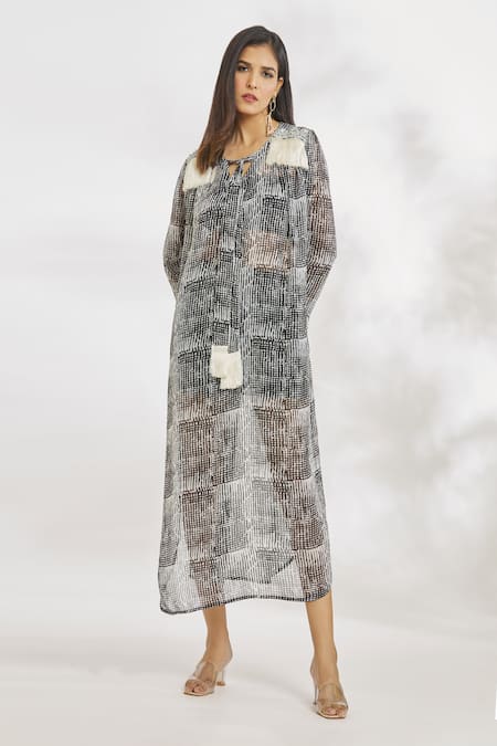 Shop_Paksh_Black Georgette Beads, Embroidery Turtle Neck Printed And Midi Dress _Online_at_Aza_Fashions