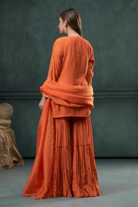 Shop Hirika & Dhruti Orange Modal, Silk, Mohair, Organza Floral Embroidered Short Kurta Sharara Set at Aza Fashions Shop_Hirika & Dhruti_Orange Modal, Silk, Mohair, Organza Floral Embroidered Short Kurta Sharara Set _at_Aza_Fashions