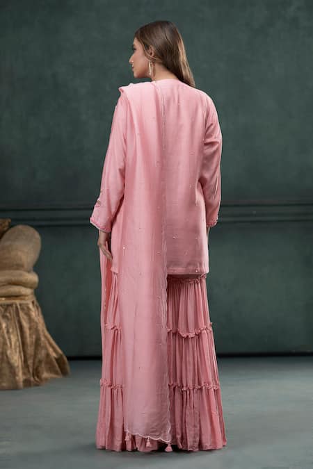 Shop Hirika & Dhruti Pink Mohair, Organza Embroidery, Beads, Cut Work Floral Short Kurta Sharara Set at Aza Fashions Shop_Hirika & Dhruti_Pink Mohair, Organza Embroidery, Beads, Cut Work Floral Short Kurta Sharara Set _at_Aza_Fashions
