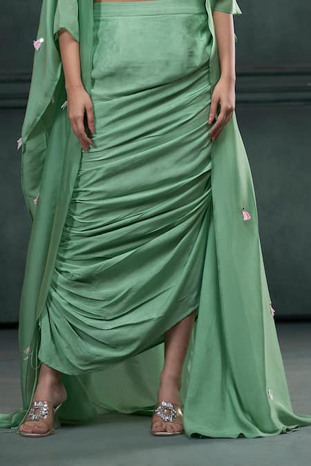 Shop_Hirika & Dhruti_Green Mohair, Silk Organza Mirrors, Embroidery, Tassels Jacket Draped Skirt Set _Online_at_Aza_Fashions