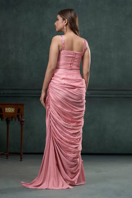 Shop_Hirika & Dhruti_Pink Mohair, Silk Organza Embroidery, Mirrors Tassel Jacket Draped Skirt Set _Online_at_Aza_Fashions