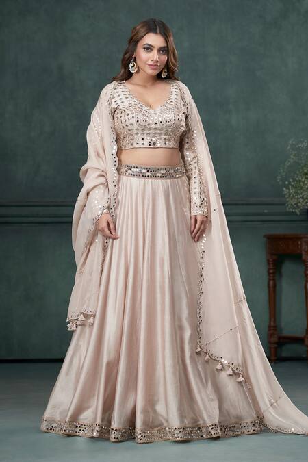 Buy_Hirika & Dhruti_Beige Silk, Chiffon, Organza Mirrors, Tassels V-neck Embroidered Lehenga Set 