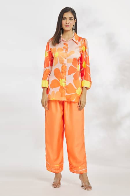 Paksh_Orange Silk Satin Collared Floral Print Top And Pant Set _Online_at_Aza_Fashions