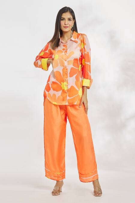 Buy_Paksh_Orange Silk Satin Collared Floral Print Top And Pant Set _Online_at_Aza_Fashions