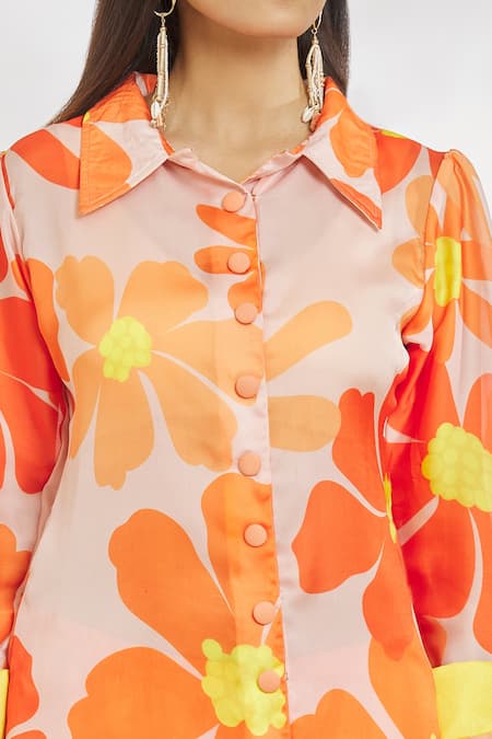 Shop_Paksh_Orange Silk Satin Collared Floral Print Top And Pant Set _Online_at_Aza_Fashions