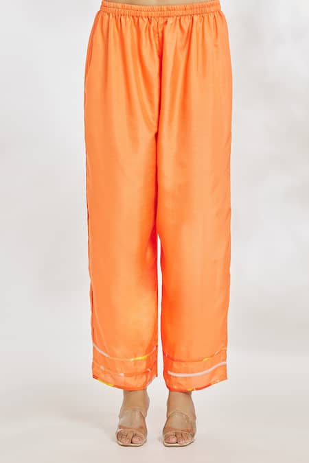 Paksh_Orange Silk Satin Collared Floral Print Top And Pant Set _at_Aza_Fashions