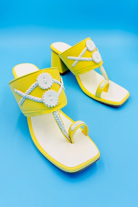 Shiveen Shiveen Yellow Braided Woven Strap Kolhapuri Heels 