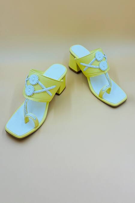 Shiveen Shiveen Yellow Braided Woven Strap Kolhapuri Heels at Aza Fashions Shiveen Shiveen_Yellow Braided Woven Strap Kolhapuri Heels _at_Aza_Fashions