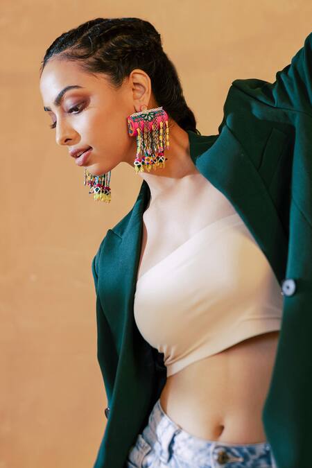 Shop_Krutiarts_Pink Embroidery, Beads, Crystals Baggha Earrings _Online_at_Aza_Fashions