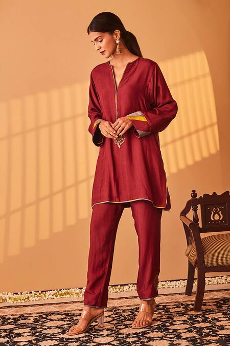 Buy_BO Tree_Maroon Silk Zari Split Rukhsar Zardozi Placement Embroidered Kurta And Pant Set 