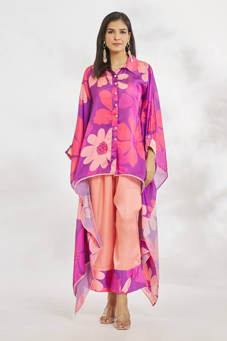 Paksh_Purple Silk Satin Collared Floral Print Kaftan And Pant Set _Online_at_Aza_Fashions