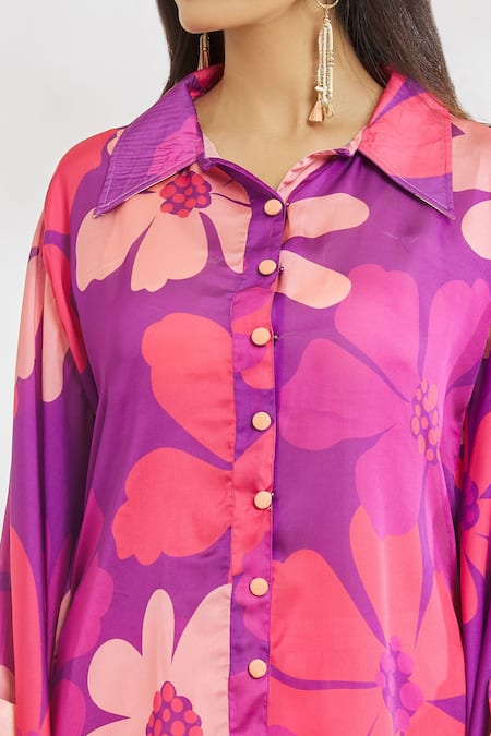Buy_Paksh_Purple Silk Satin Collared Floral Print Kaftan And Pant Set _Online_at_Aza_Fashions