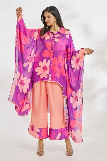 Paksh_Purple Silk Satin Collared Floral Print Kaftan And Pant Set _at_Aza_Fashions